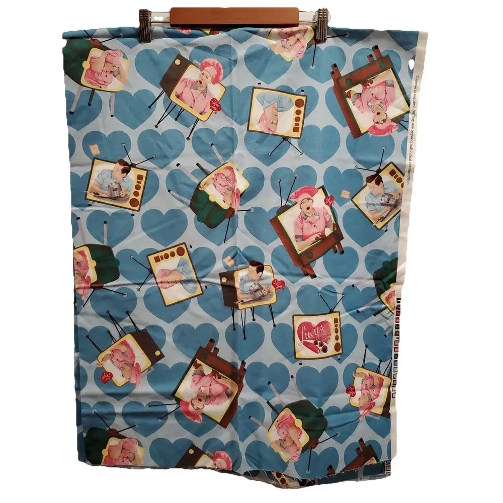 Lot of 2 Quilting Treasures I Love Lucy Fabric Remnants Pink Hat, Blue heart new